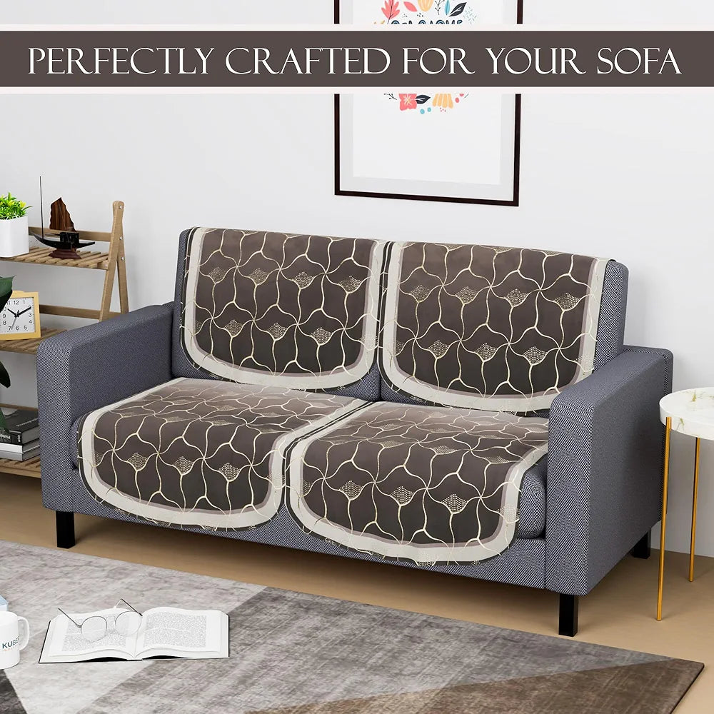 Kuber Industries Set of 4 Durable 2 Seater Sofa Cover for Living Room | Easy Machine Washable Sofe ke cover for Protection & Comfort for Home Furniture | Arabica Look - Brown & Golden Foil